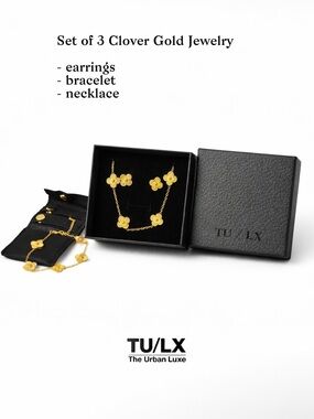 Set of 3 Gold Clover Necklace Bracelet and Earring Set with Box 18k Gold Plated